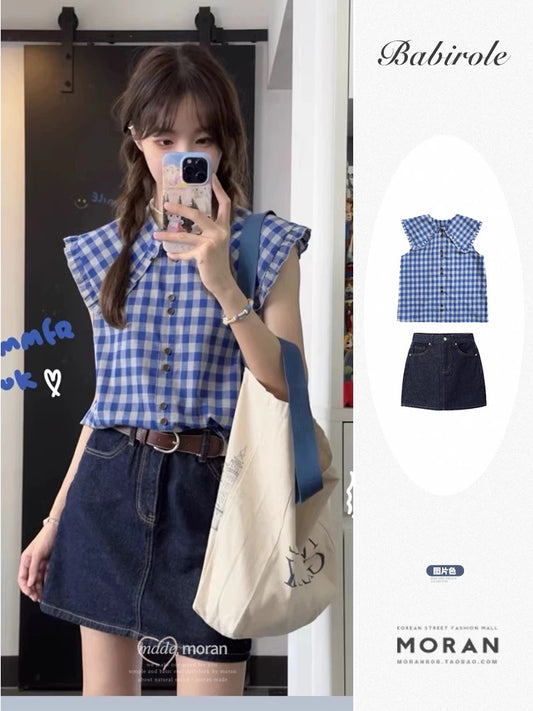 Korean sweet college style blue plaid doll collar shirt for women summer dopamine atmosphere small flying sleeve top