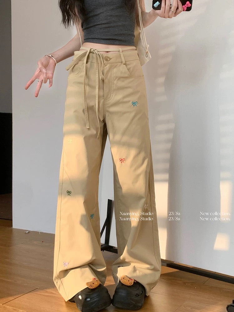 Butterfly embroidered workwear wide-leg pants for women spring petite high-waist casual straight pants drape floor-length trousers
