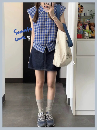 Korean sweet college style blue plaid doll collar shirt for women summer dopamine atmosphere small flying sleeve top