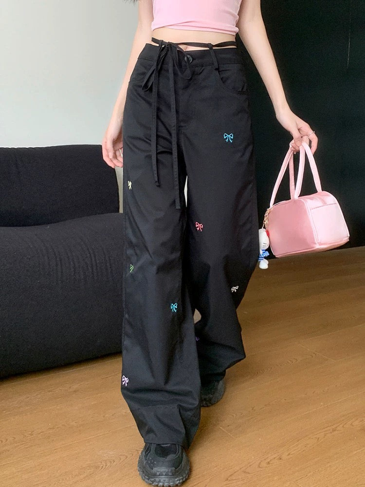 Butterfly embroidered workwear wide-leg pants for women spring petite high-waist casual straight pants drape floor-length trousers