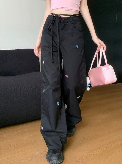 Butterfly embroidered workwear wide-leg pants for women spring petite high-waist casual straight pants drape floor-length trousers