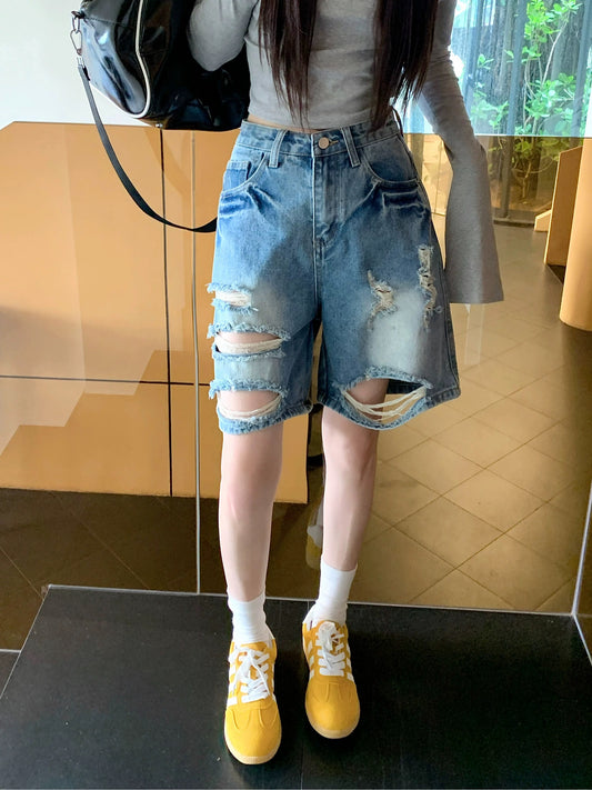 American washed blue ripped jeans women's summer hot girl high waist straight loose casual shorts