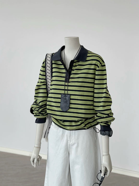 CHAO-level recommendation! Top autumn outfit~Korean style green striped Polo collar drop shoulder sleeve design long sleeve shirt for women