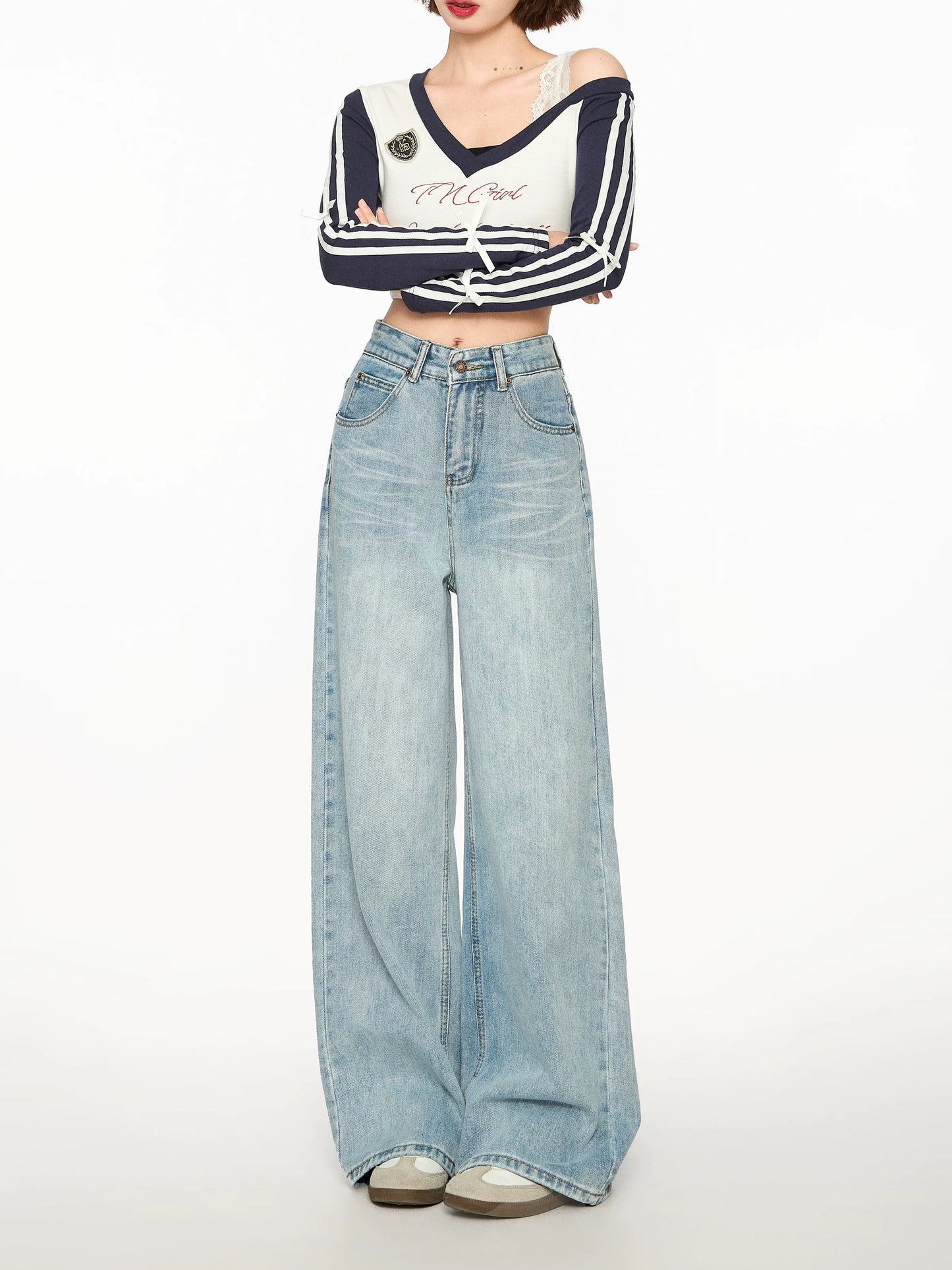 Light blue loose straight jeans for women spring and autumn high waist drape wide leg pants small size mopping long pants