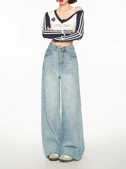Light blue loose straight jeans for women spring and autumn high waist drape wide leg pants small size mopping long pants