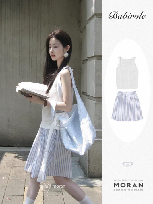 Korean temperament, preppy style outfit, a complete set of sleeveless vest top, small shirt, striped skirt, two-piece suit for summer