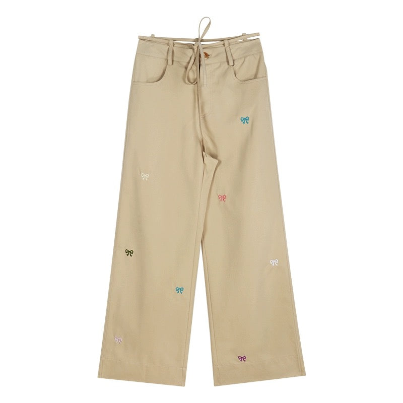 Butterfly embroidered workwear wide-leg pants for women spring petite high-waist casual straight pants drape floor-length trousers