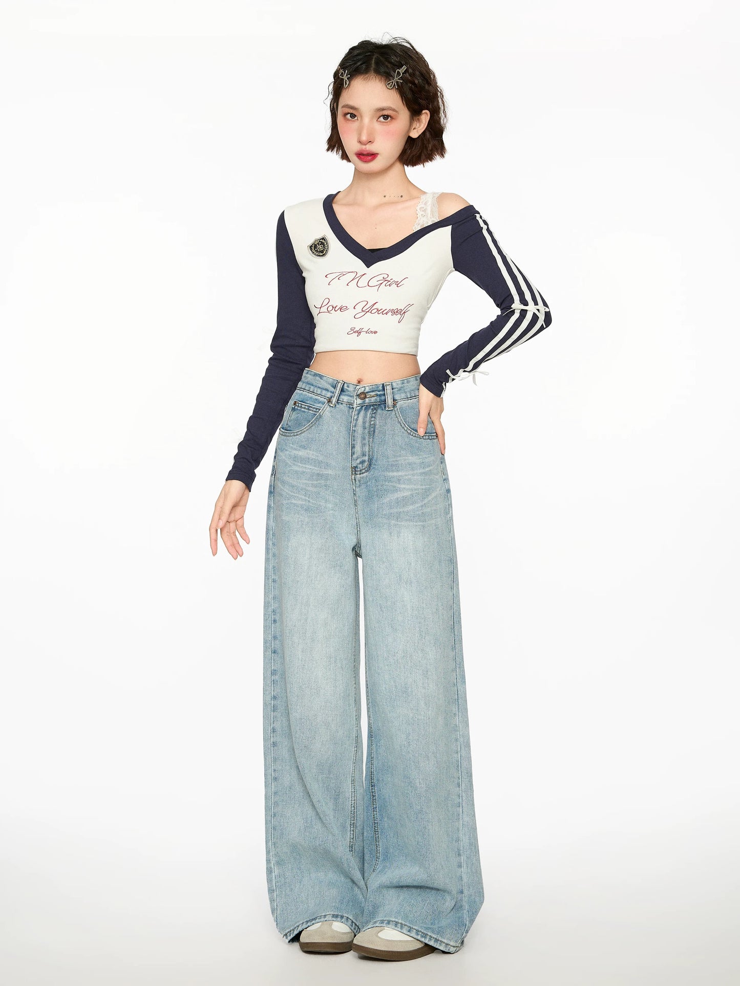 Light blue loose straight jeans for women spring and autumn high waist drape wide leg pants small size mopping long pants
