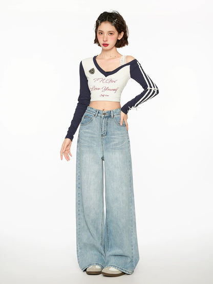 Light blue loose straight jeans for women spring and autumn high waist drape wide leg pants small size mopping long pants