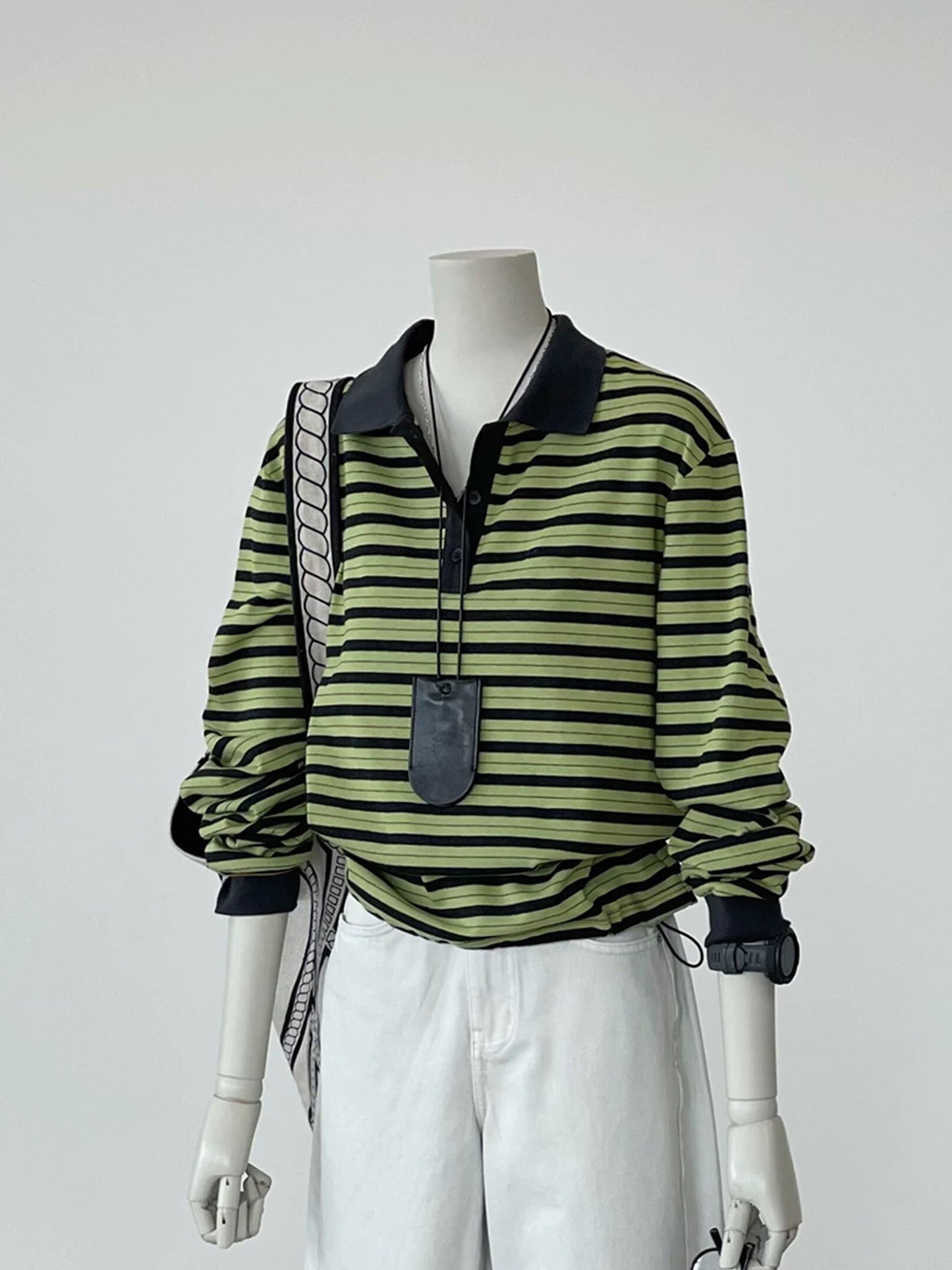 CHAO-level recommendation! Top autumn outfit~Korean style green striped Polo collar drop shoulder sleeve design long sleeve shirt for women