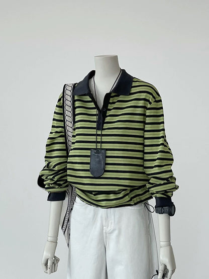 CHAO-level recommendation! Top autumn outfit~Korean style green striped Polo collar drop shoulder sleeve design long sleeve shirt for women