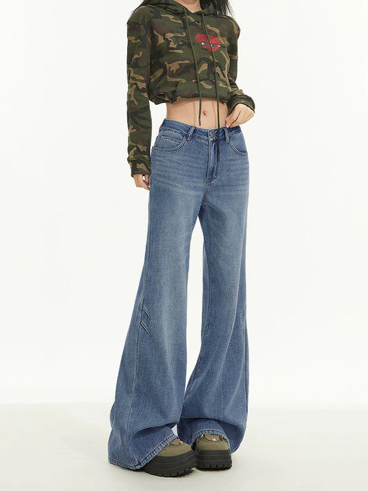 Blue wide-leg high-waist jeans for women spring and autumn style flared pants loose small straight floor-lengthening pants