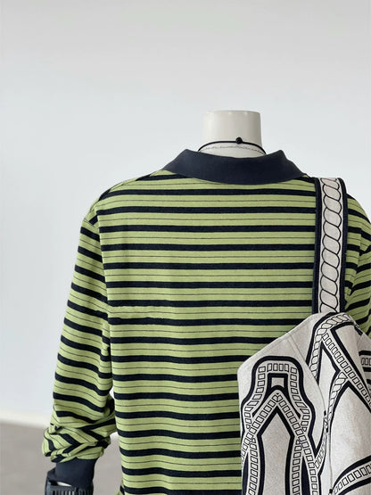 CHAO-level recommendation! Top autumn outfit~Korean style green striped Polo collar drop shoulder sleeve design long sleeve shirt for women