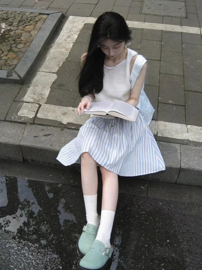 Korean temperament, preppy style outfit, a complete set of sleeveless vest top, small shirt, striped skirt, two-piece suit for summer