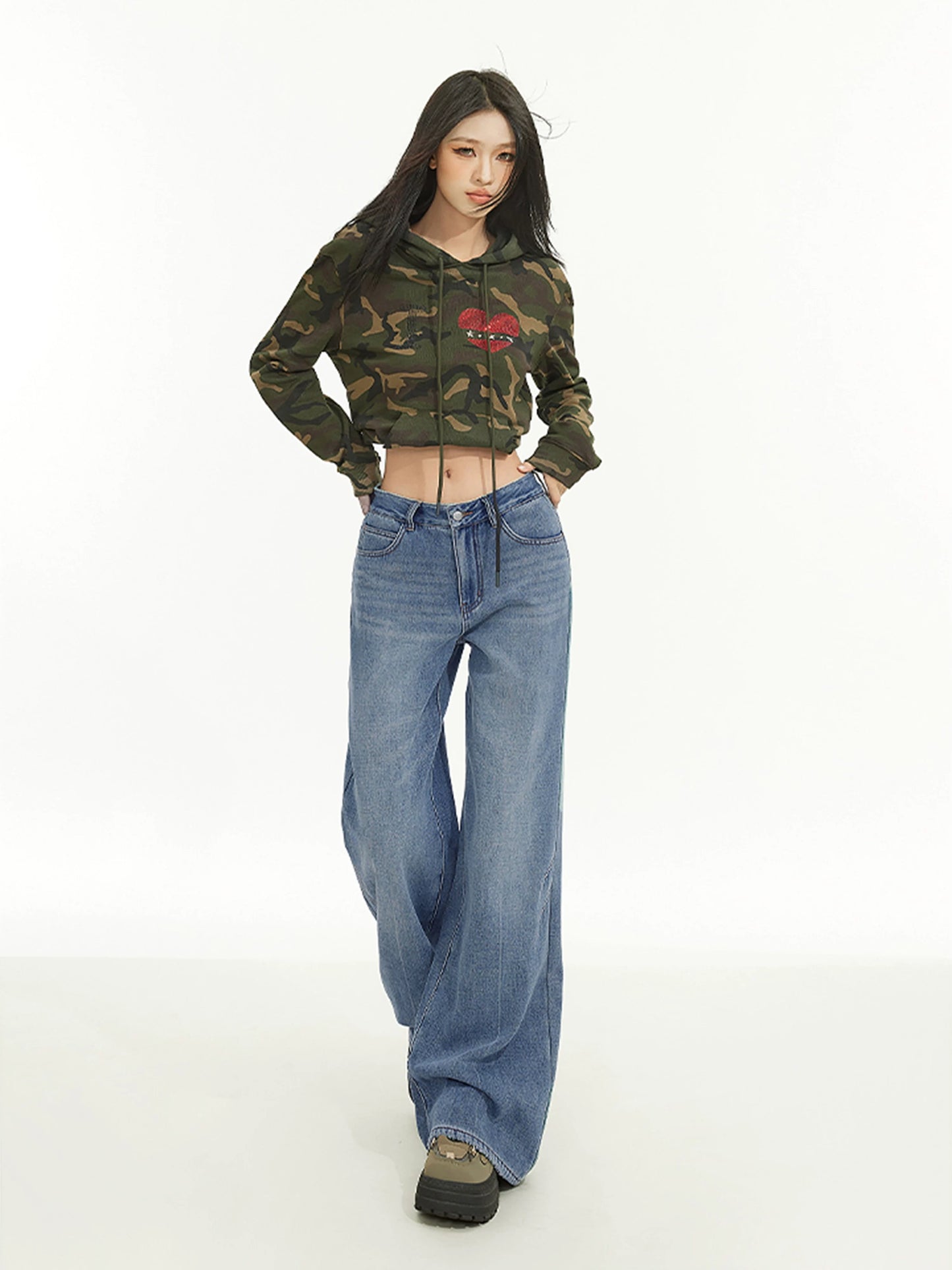 Blue wide-leg high-waist jeans for women spring and autumn style flared pants loose small straight floor-lengthening pants