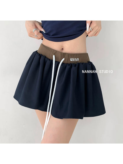 Playful artist/European and American college style navy blue POLO collar short-sleeved T-shirt + contrasting color high-waist skirt women's two-piece set