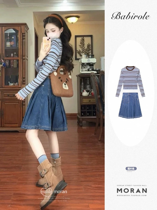 American retro college early spring two-piece suit blue striped sweater top denim A-line skirt