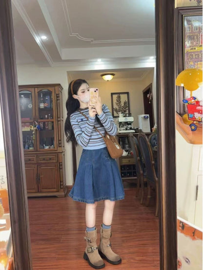 American retro college early spring two-piece suit blue striped sweater top denim A-line skirt