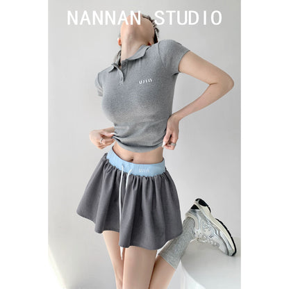 Playful artist/European and American college style navy blue POLO collar short-sleeved T-shirt + contrasting color high-waist skirt women's two-piece set