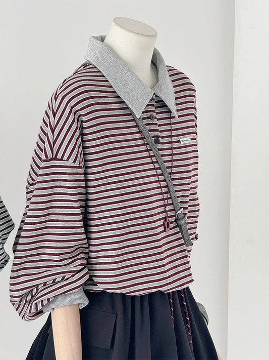 CHAO-level recommendation! Winter ~ French retro burgundy contrast polo collar striped fashion sweatshirt