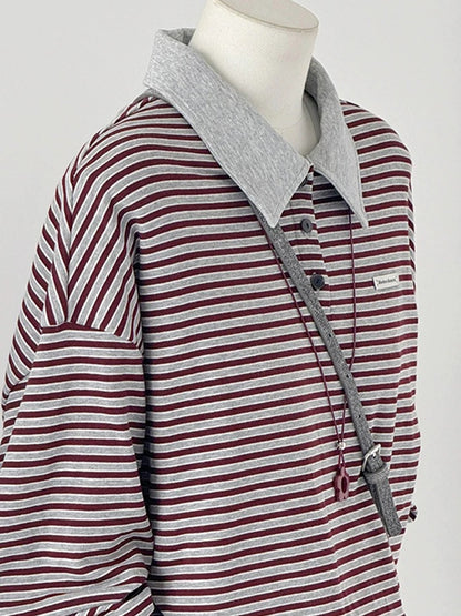CHAO-level recommendation! Winter ~ French retro burgundy contrast polo collar striped fashion sweatshirt