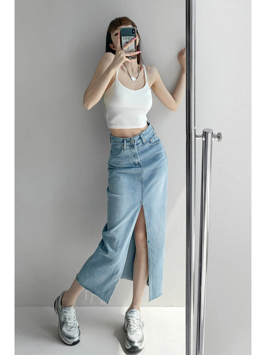Retro American style distressed washed slit denim skirt for women slim high waist mid-length hip skirt trendy