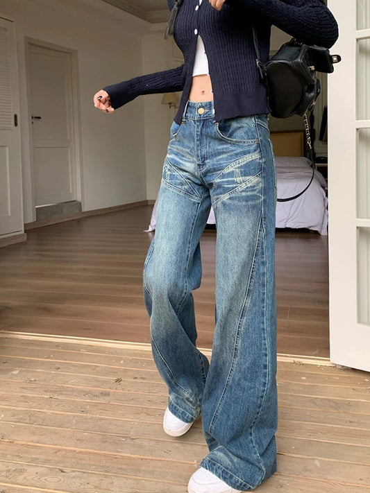 American retro jeans for women in spring, low-waisted, non-leg-fitting, micro-flared pants, straight, loose, wide-leg, floor-length trousers