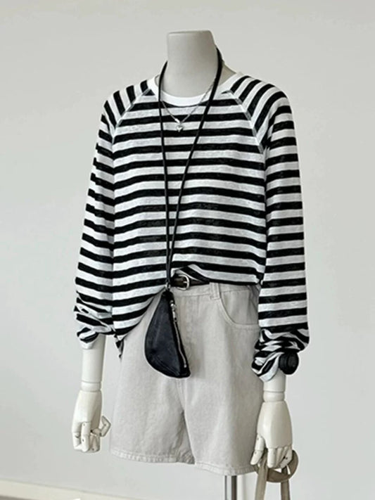 CHAO-level recommendation! Very good-looking ~ black and white Tencel linen striped round neck long-sleeved T-shirt sun protection knitted top