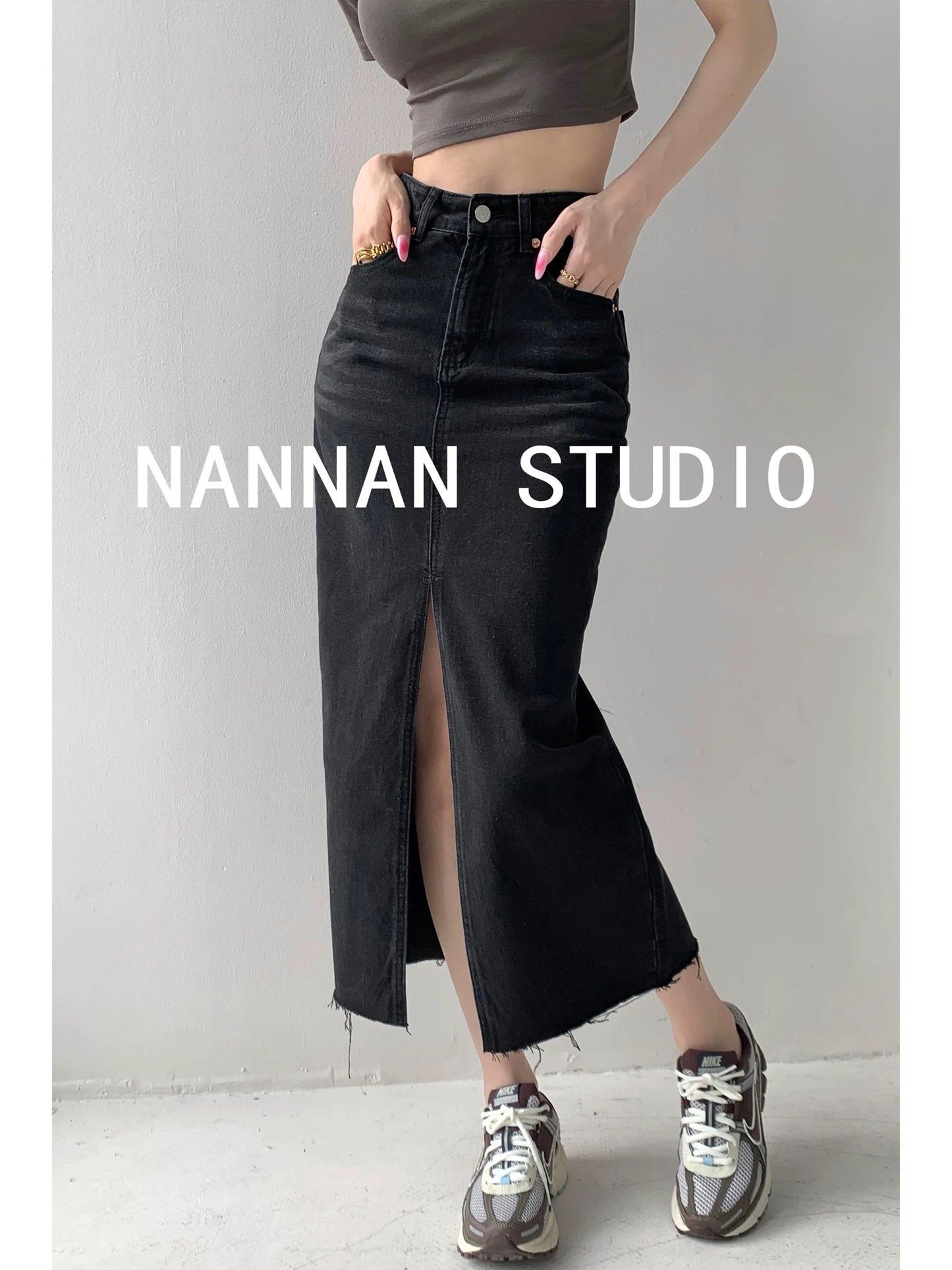 Retro American style distressed washed slit denim skirt for women slim high waist mid-length hip skirt trendy