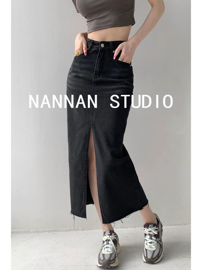 Retro American style distressed washed slit denim skirt for women slim high waist mid-length hip skirt trendy
