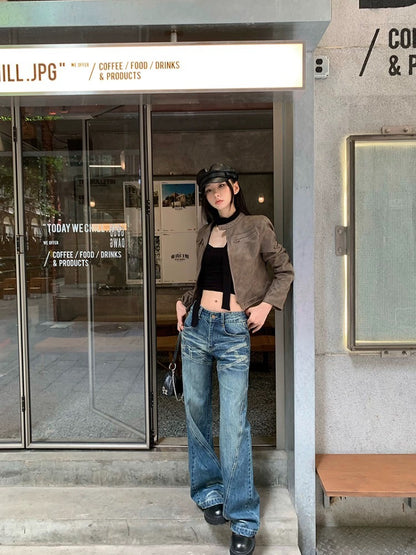 American retro jeans for women in spring, low-waisted, non-leg-fitting, micro-flared pants, straight, loose, wide-leg, floor-length trousers