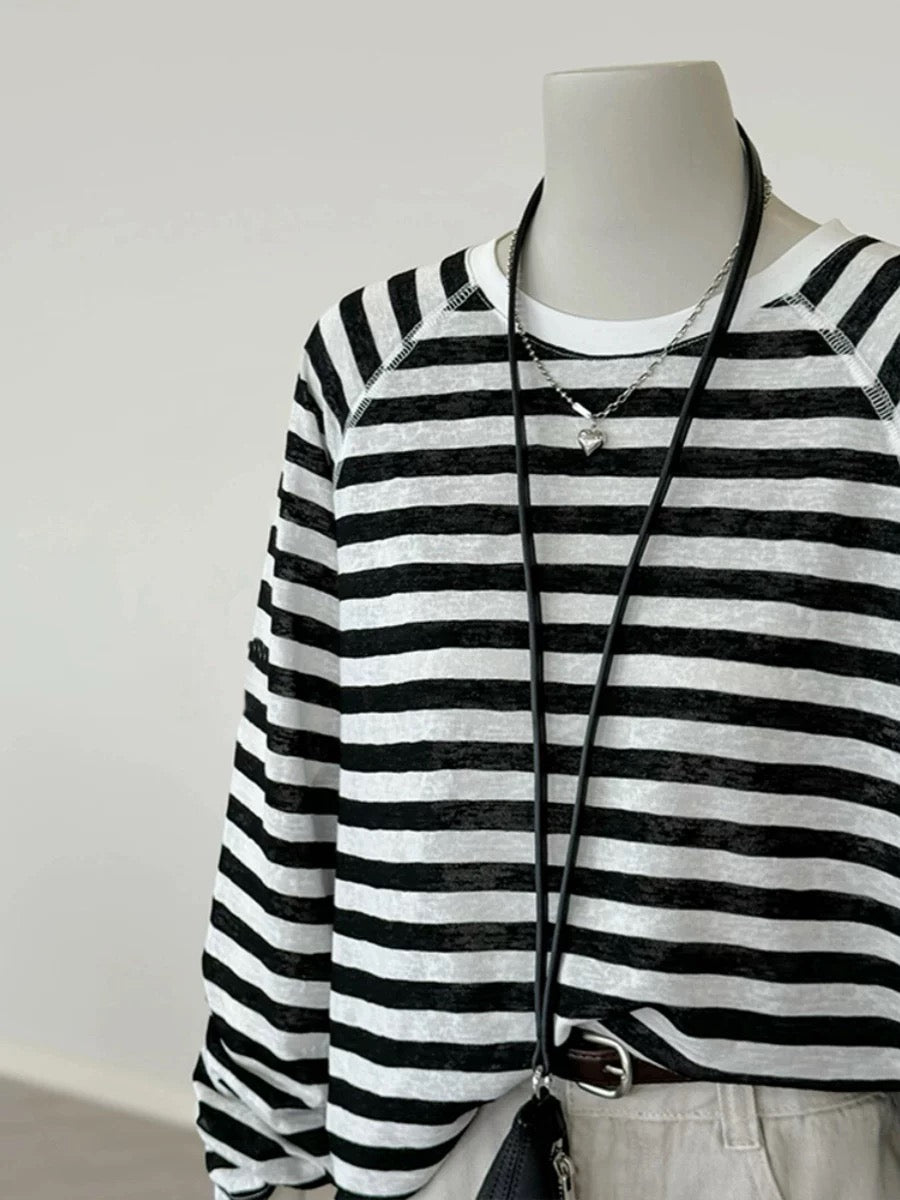 CHAO-level recommendation! Very good-looking ~ black and white Tencel linen striped round neck long-sleeved T-shirt sun protection knitted top