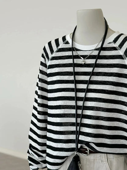CHAO-level recommendation! Very good-looking ~ black and white Tencel linen striped round neck long-sleeved T-shirt sun protection knitted top