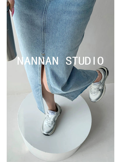 Retro American style distressed washed slit denim skirt for women slim high waist mid-length hip skirt trendy
