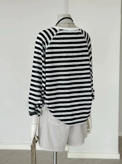 CHAO-level recommendation! Very good-looking ~ black and white Tencel linen striped round neck long-sleeved T-shirt sun protection knitted top
