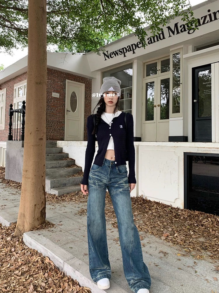 American retro jeans for women in spring, low-waisted, non-leg-fitting, micro-flared pants, straight, loose, wide-leg, floor-length trousers