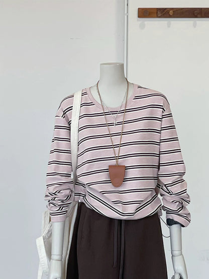 CHAO-level recommendation! Top autumn outfit~ Korean style pink striped round neck versatile loose long-sleeved sweatshirt for women