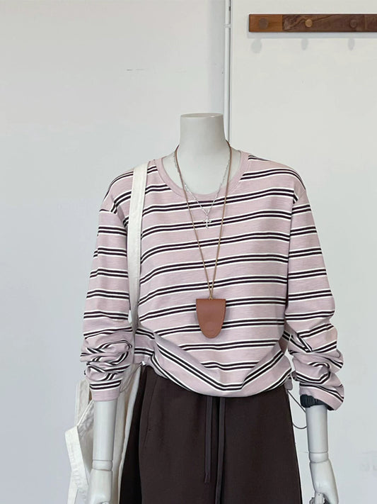 CHAO-level recommendation! Top autumn outfit~ Korean style pink striped round neck versatile loose long-sleeved sweatshirt for women
