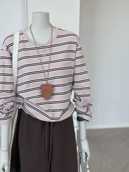 CHAO-level recommendation! Top autumn outfit~ Korean style pink striped round neck versatile loose long-sleeved sweatshirt for women