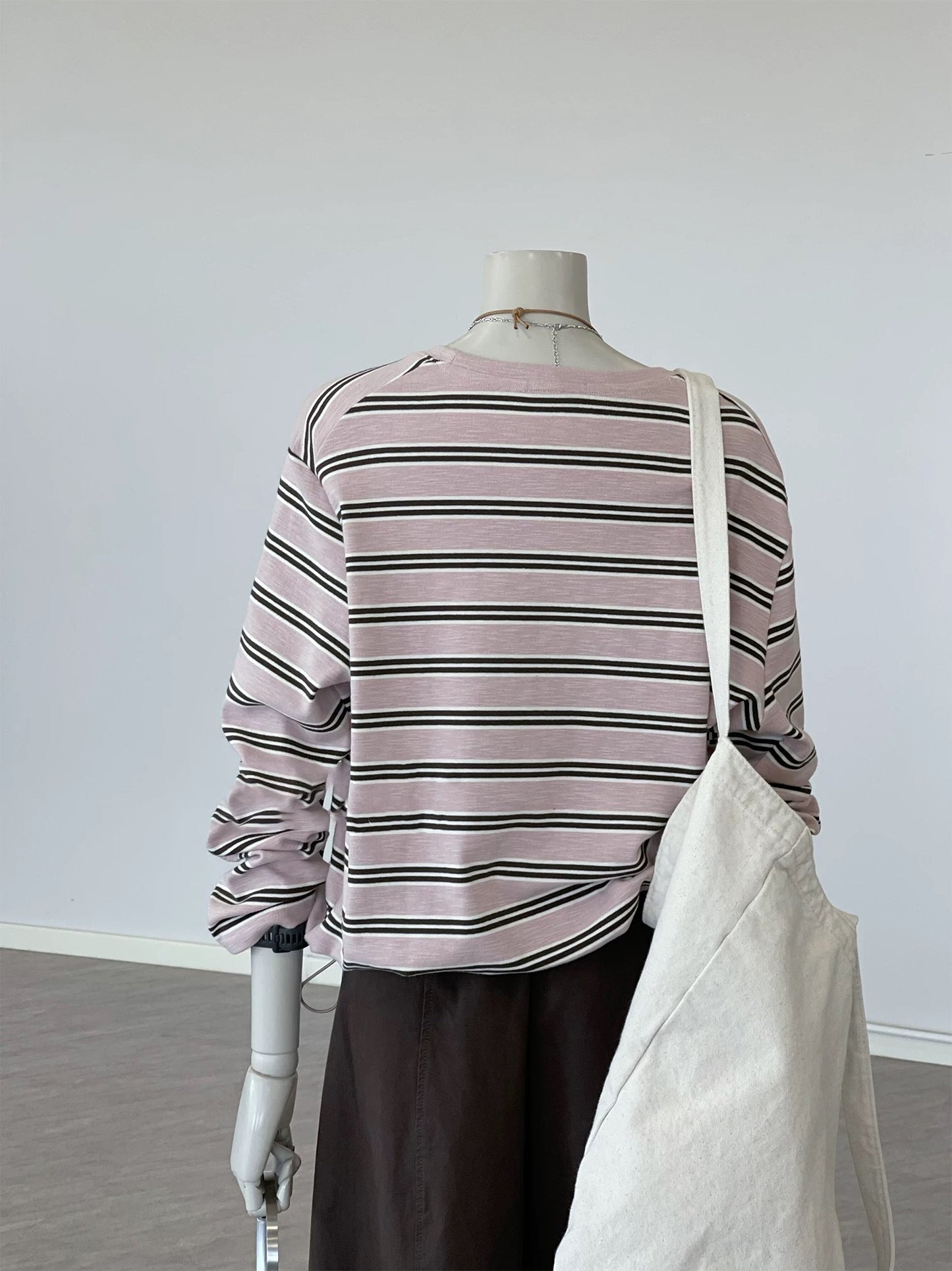 CHAO-level recommendation! Top autumn outfit~ Korean style pink striped round neck versatile loose long-sleeved sweatshirt for women