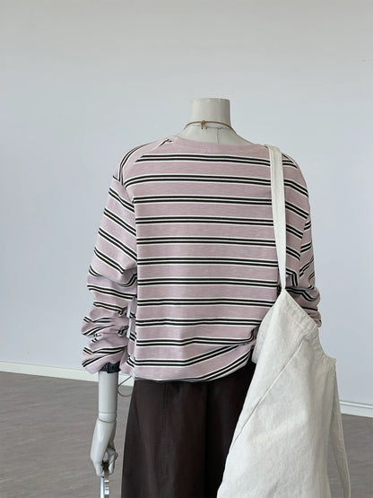 CHAO-level recommendation! Top autumn outfit~ Korean style pink striped round neck versatile loose long-sleeved sweatshirt for women