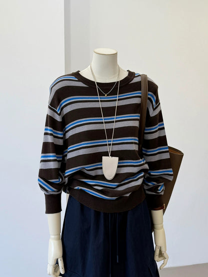 CHAO-level recommendation! Top autumn outfit~ Korean style contrast striped round neck design age-reducing casual knitted blouse for women