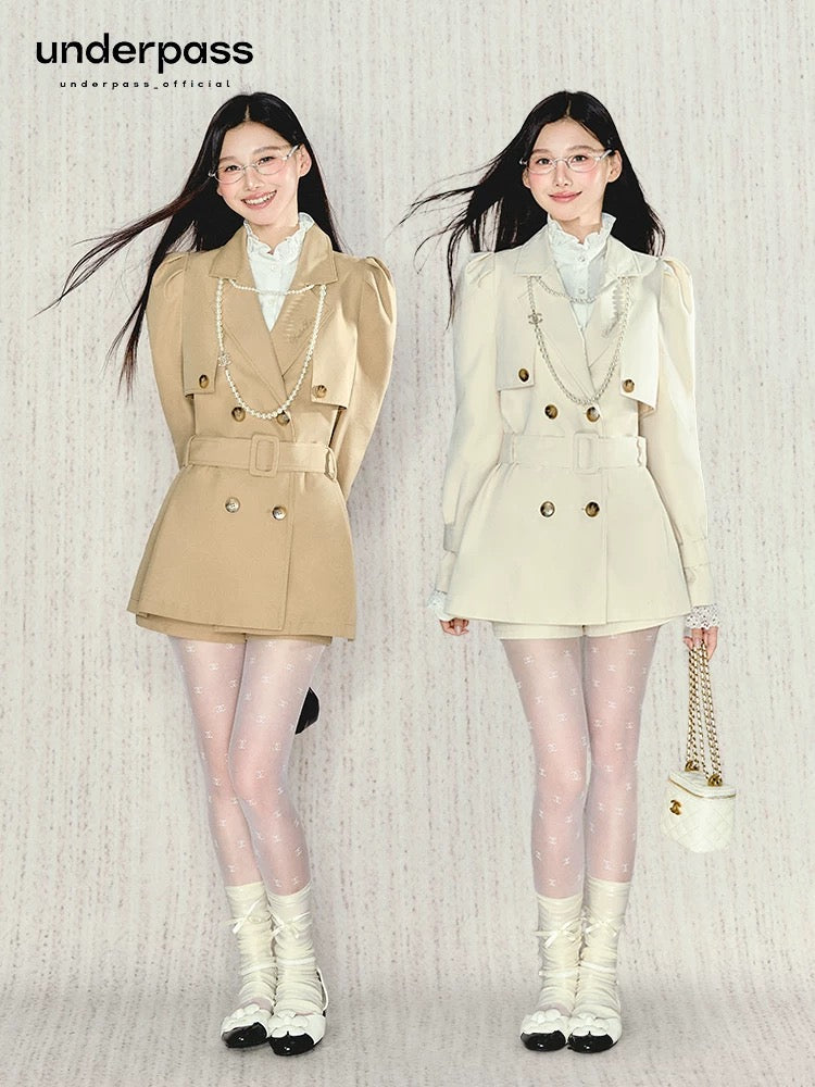 Underpass original design French puff sleeve waist windbreaker shorts suit temperament versatile two-piece set for women