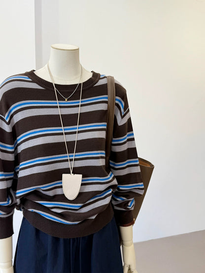CHAO-level recommendation! Top autumn outfit~ Korean style contrast striped round neck design age-reducing casual knitted blouse for women