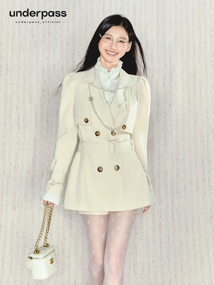 Underpass original design French puff sleeve waist windbreaker shorts suit temperament versatile two-piece set for women