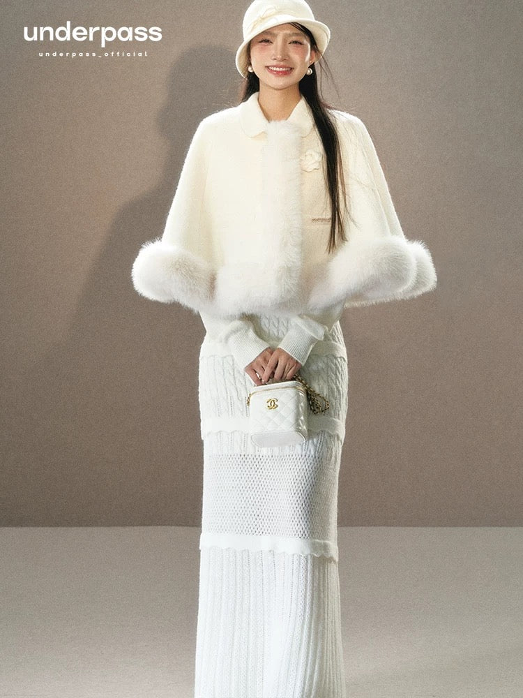 Underpass original design French lace splicing round neck cable tie slim niche A-line knitted dress
