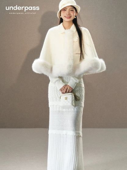 Underpass original design French lace splicing round neck cable tie slim niche A-line knitted dress