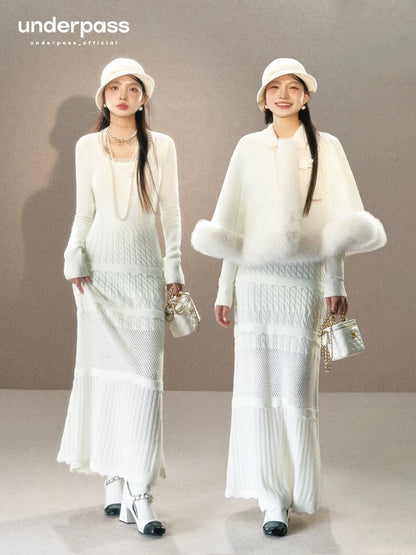 Underpass original design French lace splicing round neck cable tie slim niche A-line knitted dress