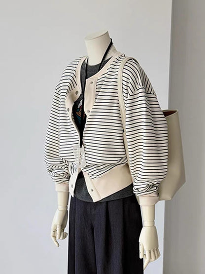 CHAO-level recommendation! Spring new product ~ Korean striped round neck cardigan loose casual age-reducing sweatshirt small jacket