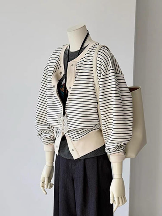 CHAO-level recommendation! Spring new product ~ Korean striped round neck cardigan loose casual age-reducing sweatshirt small jacket